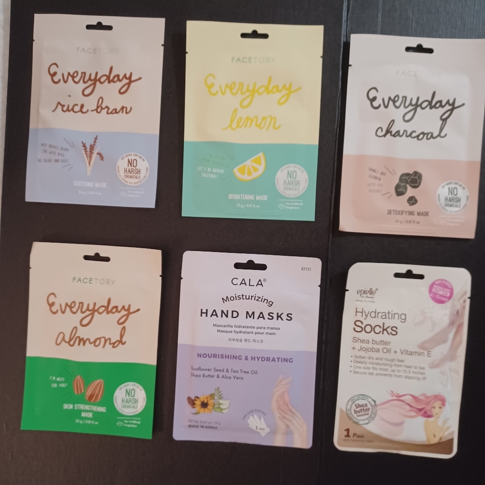 Lot of 6 Variety Pack Face, Hand, Foot Masks Facetory Spa Hydrating Detox